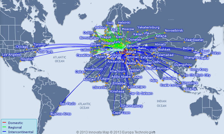 Карта полетов турецких авиалиний